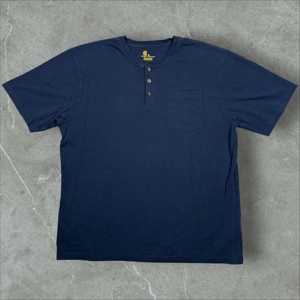 Carhartt K84 NVY Blue Oversized 1/4 Button Chest Pocket Heavyweight T Shirt - XL